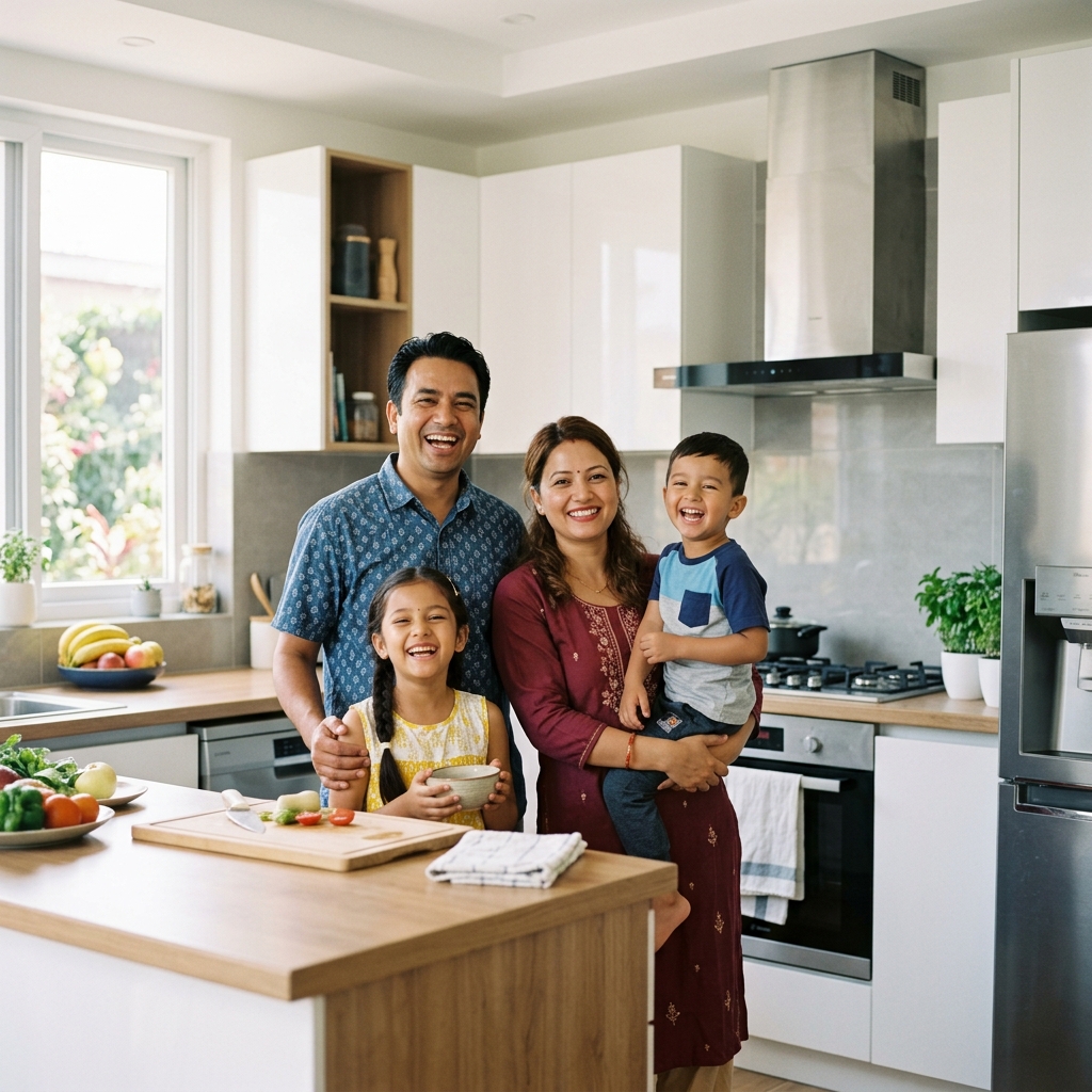 Happy Nepali family in a clean kitchen