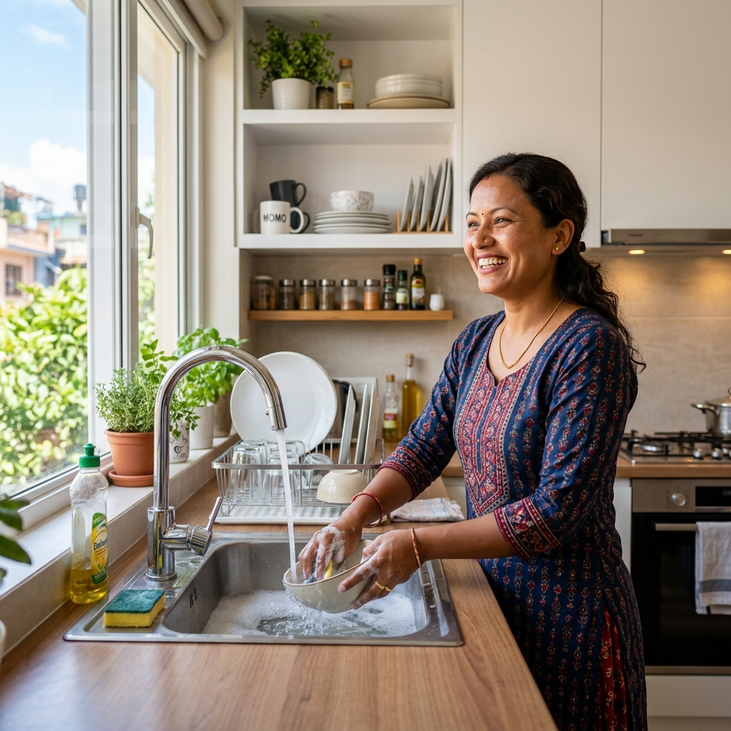 Woman smiling while doing dishes in a clean kitchen